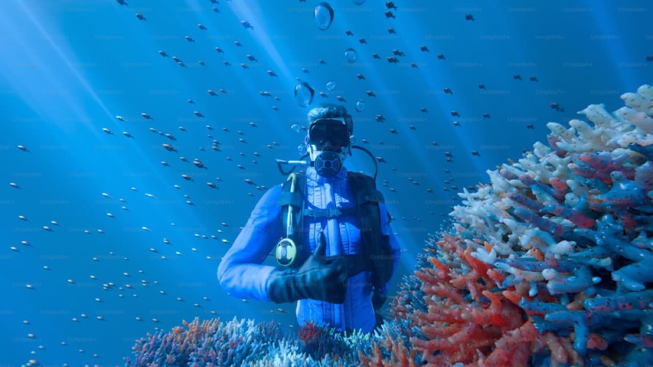 Дайвер рядом с коралловым рифом и стаей тропических рыб