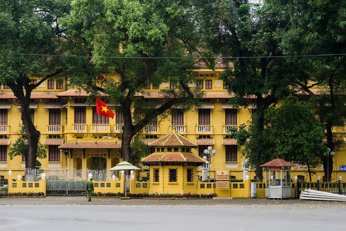 Vietnam's Ministry of Foreign Affairs building in Hanoi with the national flag over the entrance