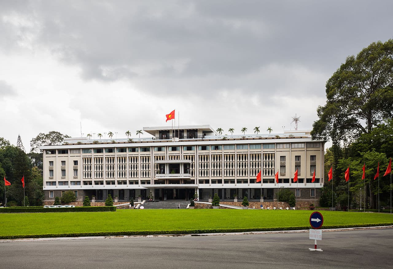 Reunification Palace in Ho Chi Minh City with a flag on the roof