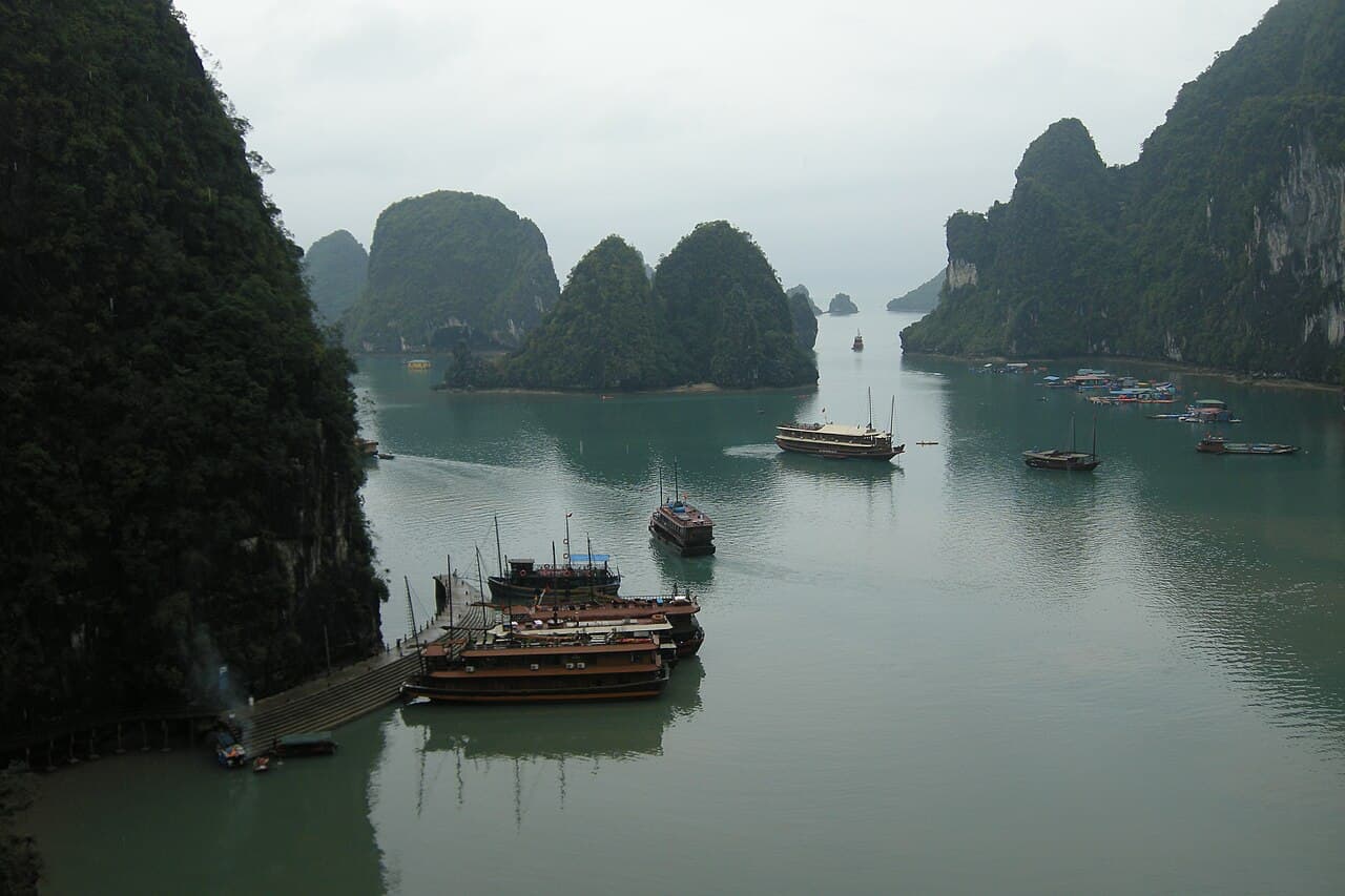 Aerial view of islands and channels in Halong Bay
