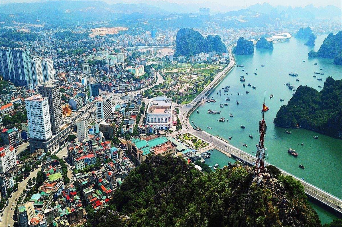 View from Bai Tho Mountain over Halong city and the bay