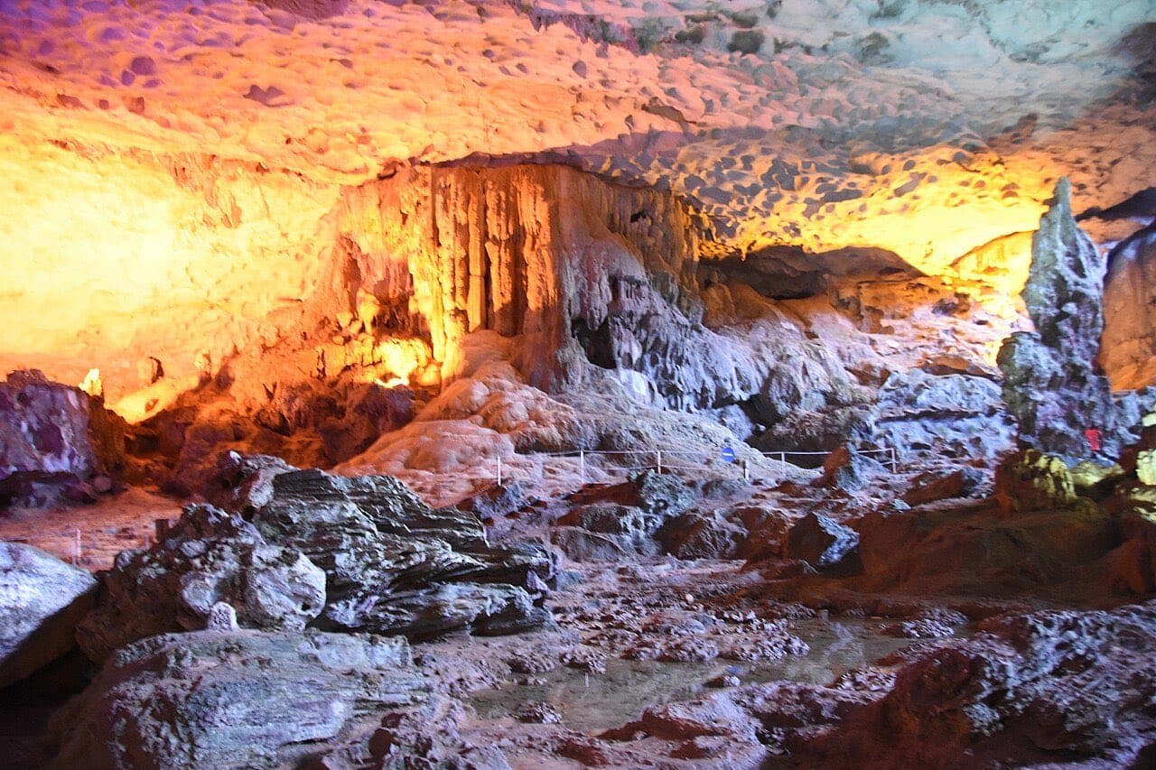 Stalactites inside Sung Sot Cave in Halong Bay