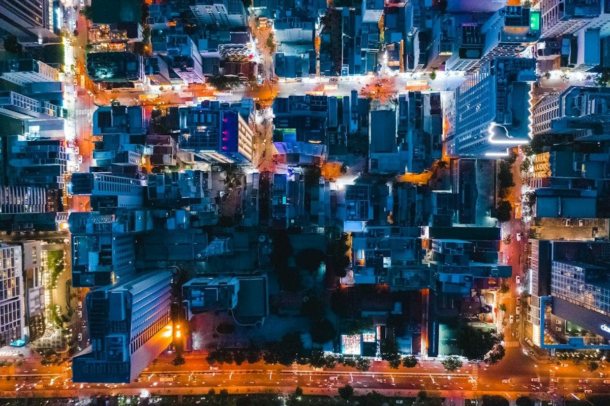 Central Nha Trang at night from above: lit streets and dense blocks