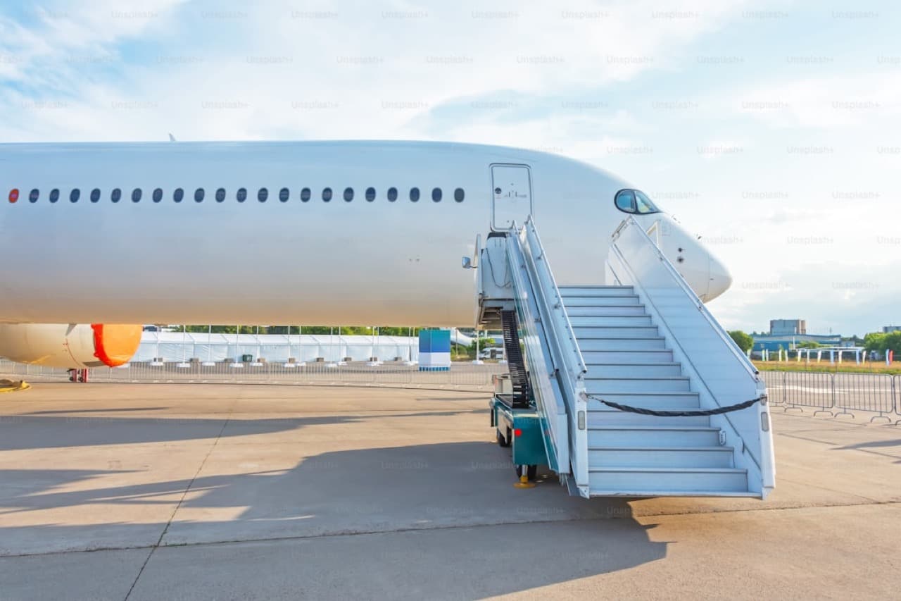 Широкофюзеляжный самолёт на перроне у терминала аэропорта перед вылетом